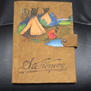 Vintage Brown leather Souvenir Stationery Holder with Handpainted Teepee Design